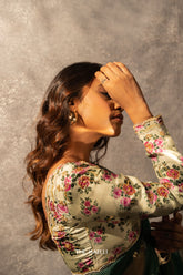 Tara Mint Printed Hand-Embroidered silk blouse